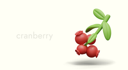 Fresh cranberry. Ripe red berries on green stem with leaves