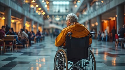 Mature man with disabilities sitting in a wheelchair indoor