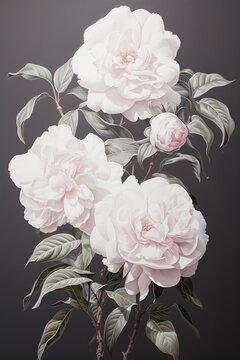a painting of a camellia plant with flowers and leaves, in the style of light white and light pink, highly detailed illustrations, meticulous detailing, poignant, li-core, floralpunk, hispanicore 