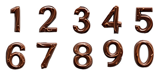 Set of chocolate numbers for banner or card decoration, digits 1 2 3 4 5 6 7 8 9 0, isolated on transparent background