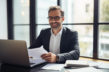 Obraz premium Smiling male business man accountant analyst holding documents