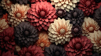 Colorful dahlia flowers as floral background, top view.