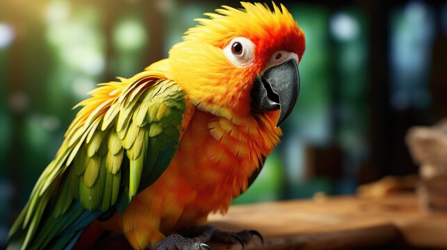 a cute and friendly parrot, green and orange feathers