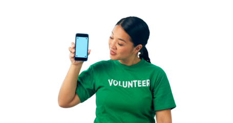 Woman, volunteer and phone screen of tracking marking, isolated and png background. Female person, mobile and transparent for nonprofit, ngo and presentation for organisation or charity promotion