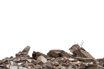 A pile of large gray concrete debris with protruding fittings and the remnants of snow isolated on...