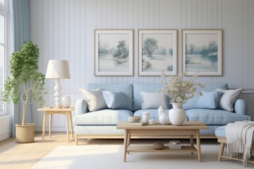Creative composition of living room interior with painting on the wall, gray sofa, blue walls, stylish furniture, decorations and personal accessories. Home decoration