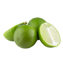 Whole and sliced limes, Sour green fruit isolated on alpha background.
