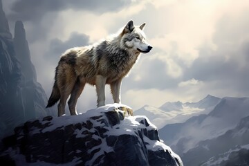 A solitary wolf standing on a snowy cliff, its piercing gaze reflecting its wild and untamed spirit.