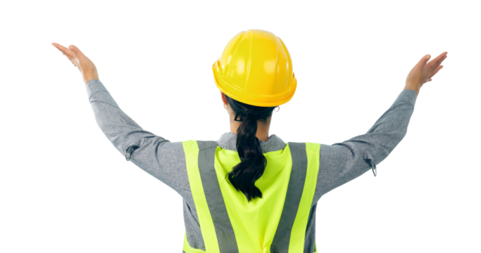 Woman, engineer and back or construction presentation or building project or maintenance, architect or contractor. Person, handyman service and isolated transparent png background, review or show - Powered by Adobe