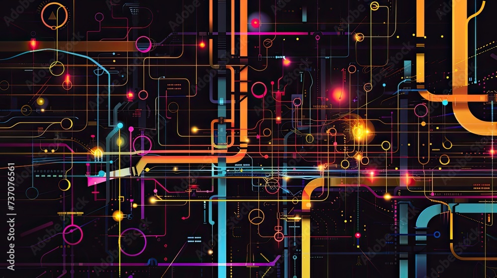 Wall mural a dark illustration of a technical system with colorful lines connecting different flow states