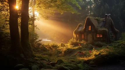  An enchanting forest clearing with a small cottage bathed in golden sunlight, Magical, Cottage, Ultra Realistic, National Geographic, © lahiru