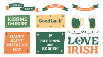 Saint Patrick's Day sticker set, Irish holiday design elements with Irish flags, flag decorations, green beer, speech bubbles. Vector illustration.