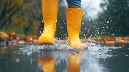 Kid running in puddles in bright yellow rubber boots. Fun happiness freedom self-expression concept