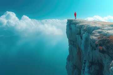 Illustrate the fear of making the wrong decision with an image of a person hesitating on the edge of a cliff or precipice, afraid to take the next step for fear of failure or regret - obrazy, fototapety, plakaty