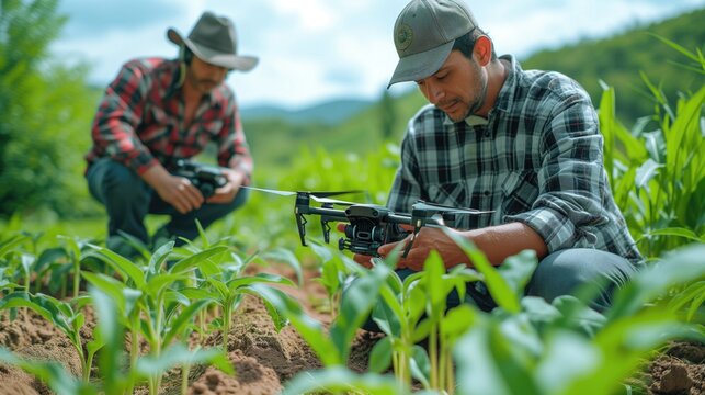 the concept of AI-driven agriculture with a photo of farmers using drones and smart sensors to monitor crops, optimize irrigation, and increase agricultural productivity