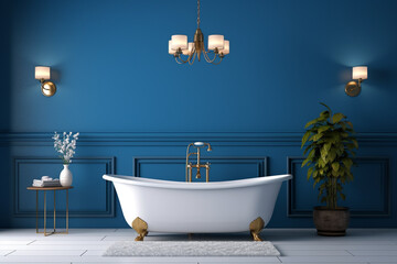 Bathroom interior with white tub and decor near blue wall 