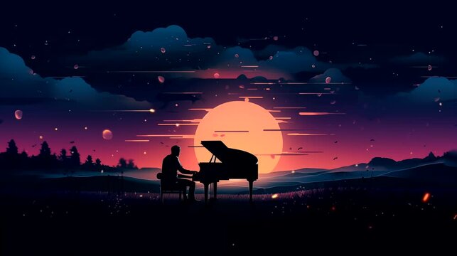 Silhouette of people playing piano on sunset background. Seamless looping time-lapse 4k video animation background