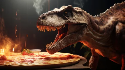Foto op Plexiglas Portrait of a dinosaur, velociraptor T Rex wit pizza © Imtiaz