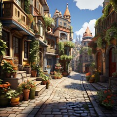 a narrow cobblestone street lined with buildings and potted plants , generated by AI