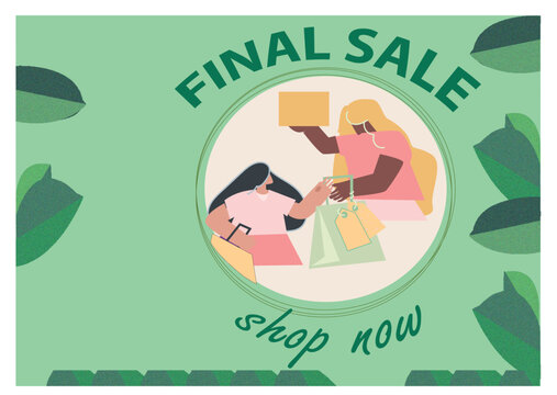 Editable vector Spring sale banner, final sale, with girl customer with shopping bags. Space for additional text.