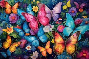 Fotobehang A swarm of colorful butterflies fluttering among blooming flowers, their delicate wings adding a touch of magic to the scene. © Animals