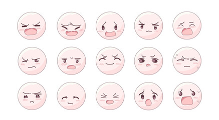 Set of anime kawaii cute emoticon smile icons. Different emotions expression faces emoji. Vector illustration in cartoon childlike manga style