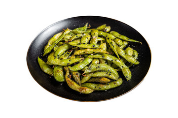 Stir-fried green Edamame Soy Beans with sea salt and sesame seeds in a plate.  Isolated, Transparent background.
