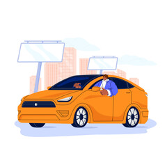 Fototapeta na wymiar Happy driver rides a rental car on city street. Man drives carsharing service automobile on urban roads. People using electric transport, vehicle. Flat isolated vector illustration on white background