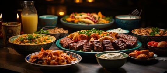 Ramadan kareem Iftar party table with assorted festive traditional arab dishes
