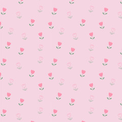 Pink tulip isolated on pink background. Hand drawn tulip floral seamless pattern vector illustration.