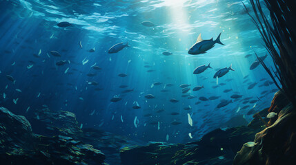 Fototapeta na wymiar Lot of small fish in the sea underwater.