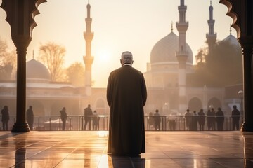 Muslim man standing in front of mosque - obrazy, fototapety, plakaty