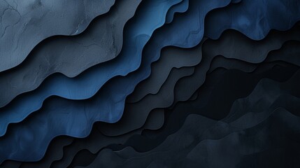 Dark matte abstract 3d wavy smooth background in black and blue tones, aesthetic concept