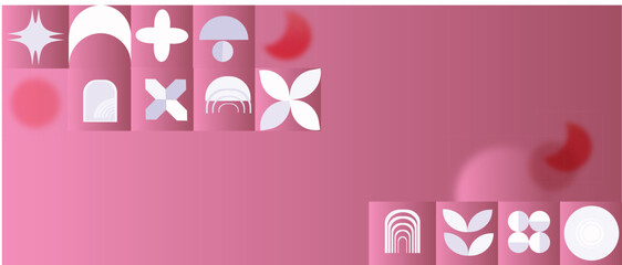 Minimal abstract, geomatic banner, background in pink color. Card with copy space for text.