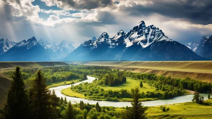 Photo sur Plexiglas Mont Cradle Cradled between towering peaks, this picturesque valley invites exploration with its lush greenery, meandering river, and distant mountain vistas. National Geographic 