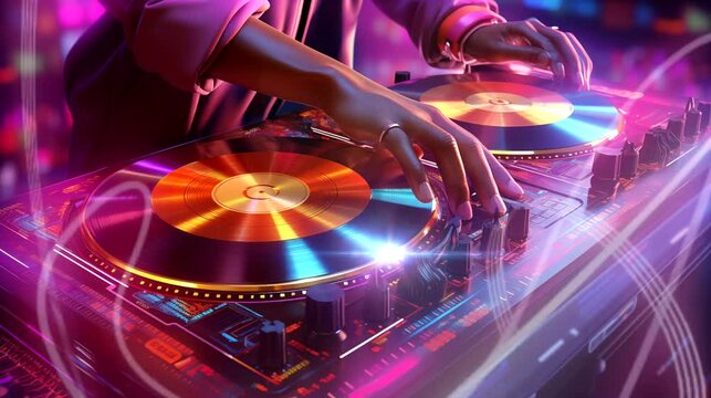 Disk jockey player at night club. Seamless looping time-lapse 4k video animation background