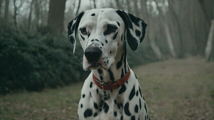 dalmatian dog with red collar and collar around neck in wooded area,