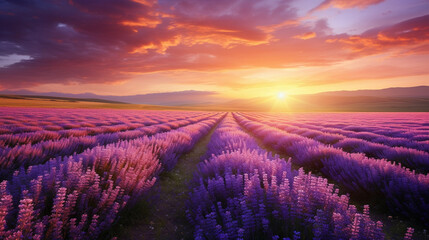 Design magical mystical landscape art with field of lavender colored wildflowers during sunrise, no...