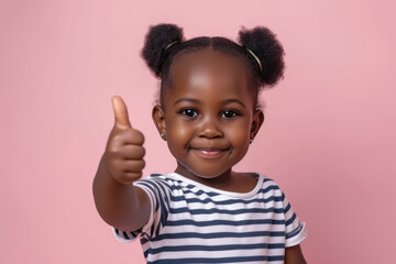 Happy little cute African girl giving thumbs up on pink background