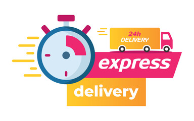 Express delivery, Stopwatch, 24h delivery, truck, flat illustration