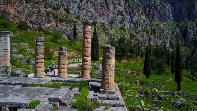 Apollo Temple in Delphi with Low Aerial Orbit View in Greece.