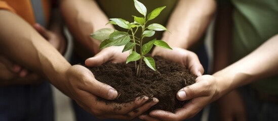 Family holding young plant in hands to commemorate earth or greening day