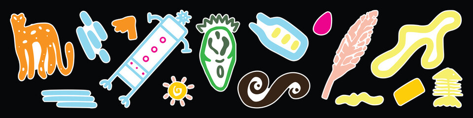 Abstract etnic sticker africa various bright doodle shapes and objects. Hand drawn Vector seamless Pattern. Background, wallpaper, Wrapping, textile 