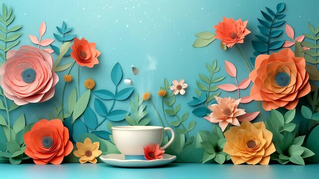 Cup of coffee flowers in paper art style. Seamless looping time-lapse 4k video animation background