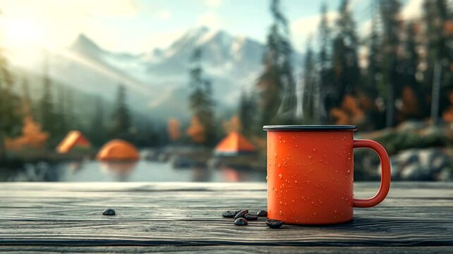 Red coffee cup with coffee bean on mountain background. Seamless looping time-lapse 4k video animation background