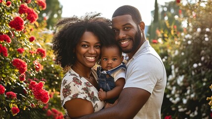 Portrait of beautiful African American family with a small child girl outdoors. Mother, father, and baby together