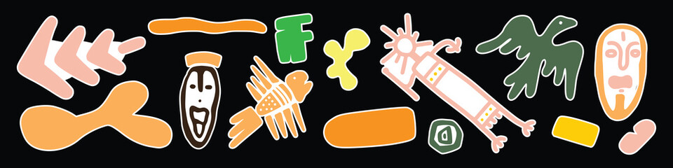 Abstract etnic sticker africa various bright doodle shapes and objects. Hand drawn Vector seamless Pattern. Background, wallpaper, Wrapping, textile template © Bones