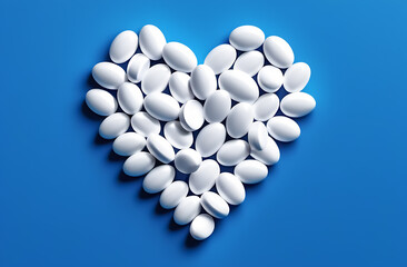 White pills laid out in the shape of a heart on a blue background. Horizontal format.