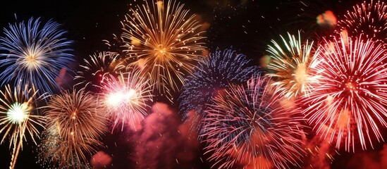 Vibrant fireworks bursting in the dark night sky with colorful sparks