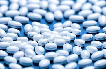 Wallpaper white tablets scattered on a blue background. Vertical format.